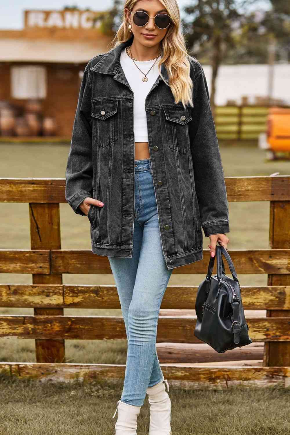 Melissa Buttoned Collared Neck Denim Jacket with Pockets