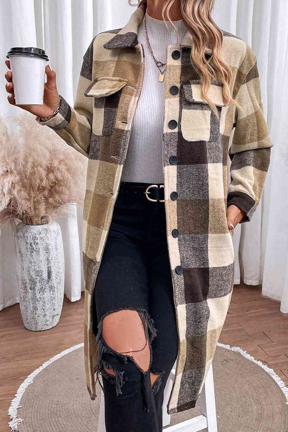 Marcela Plaid Button Down Longline Coat