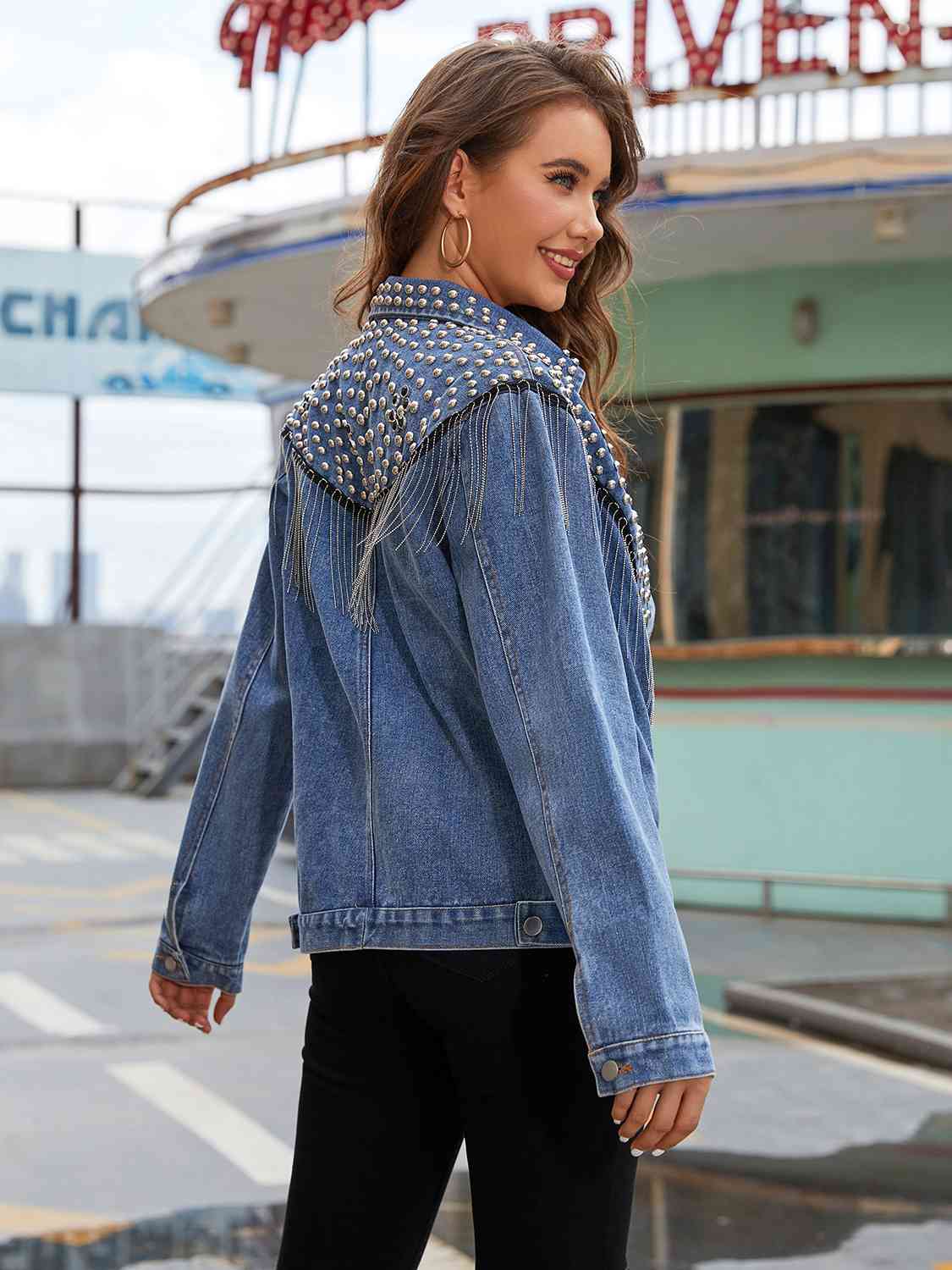 Amanda Studded Fringe Button Down Denim Jacket