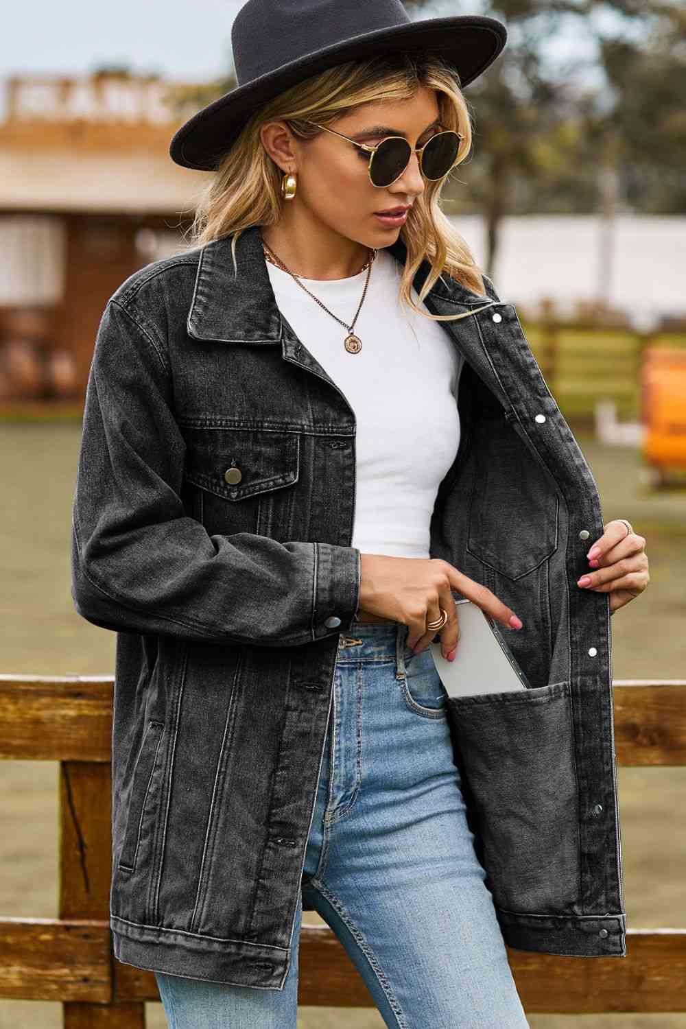 Melissa Buttoned Collared Neck Denim Jacket with Pockets