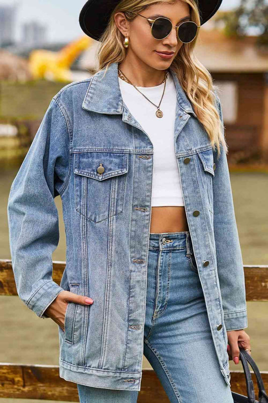 Melissa Buttoned Collared Neck Denim Jacket with Pockets