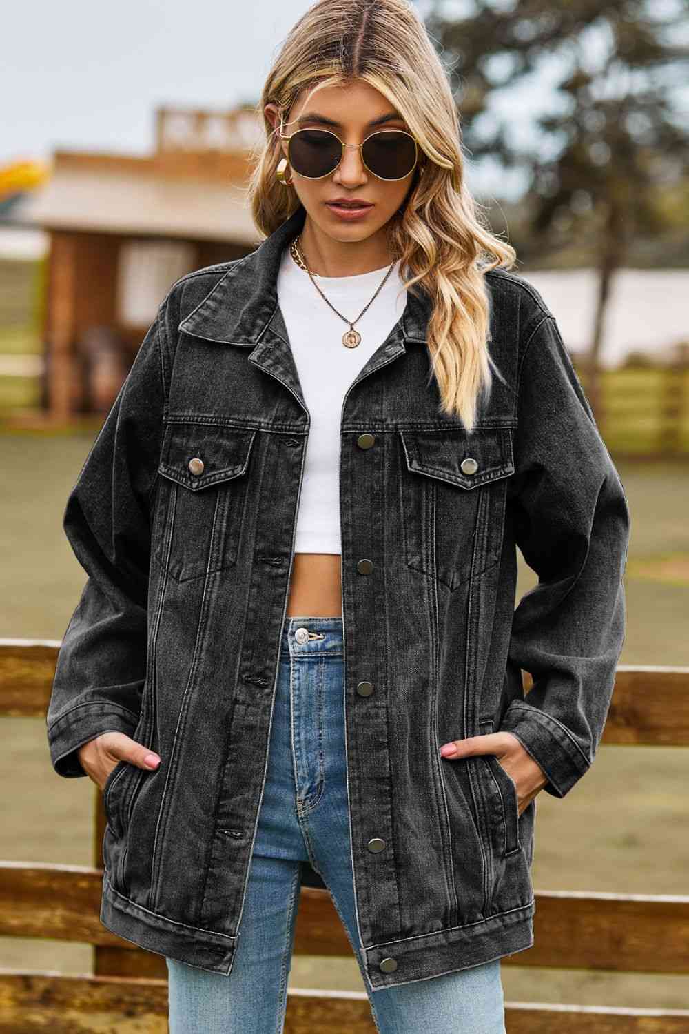 Melissa Buttoned Collared Neck Denim Jacket with Pockets