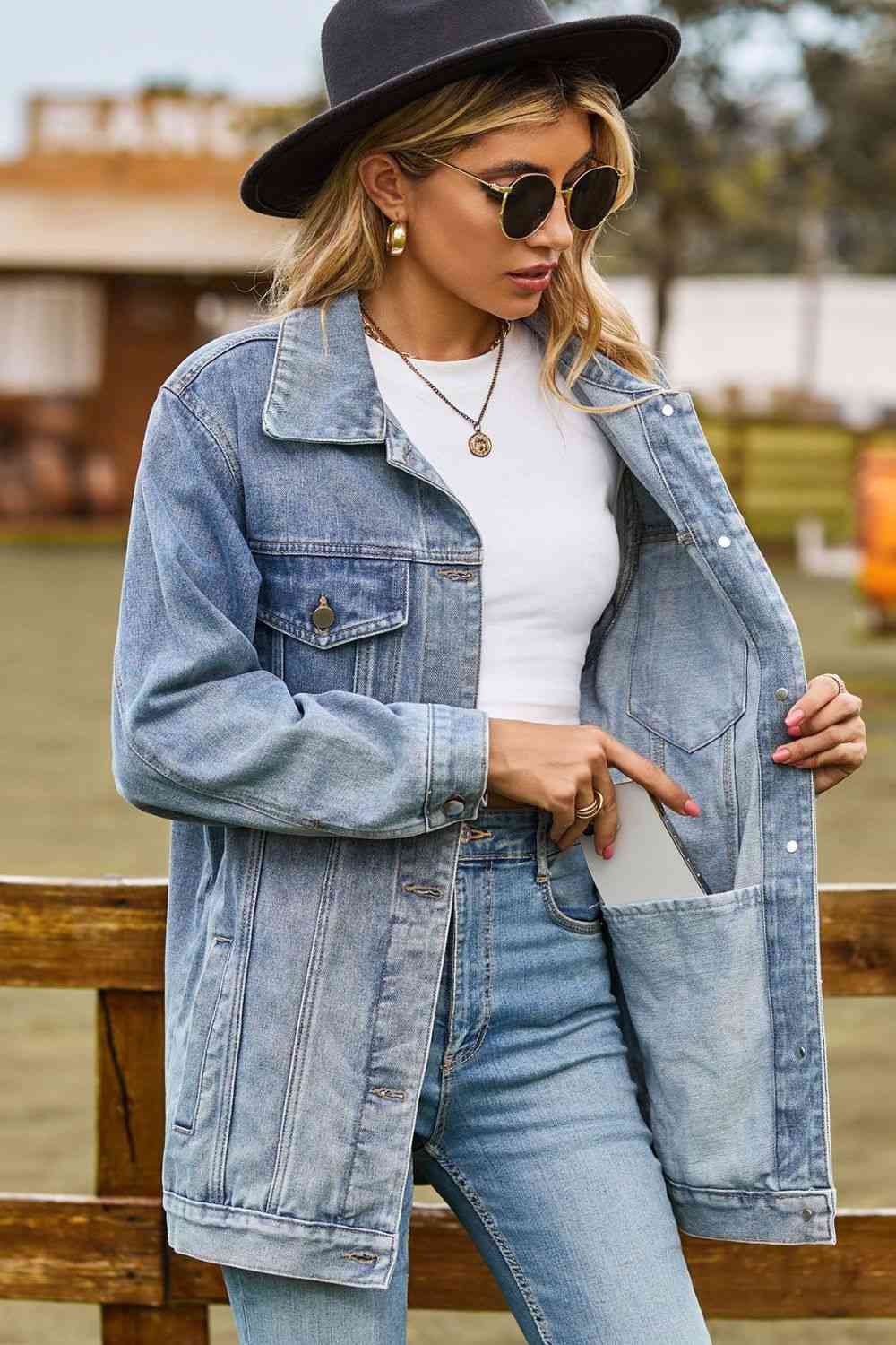 Melissa Buttoned Collared Neck Denim Jacket with Pockets