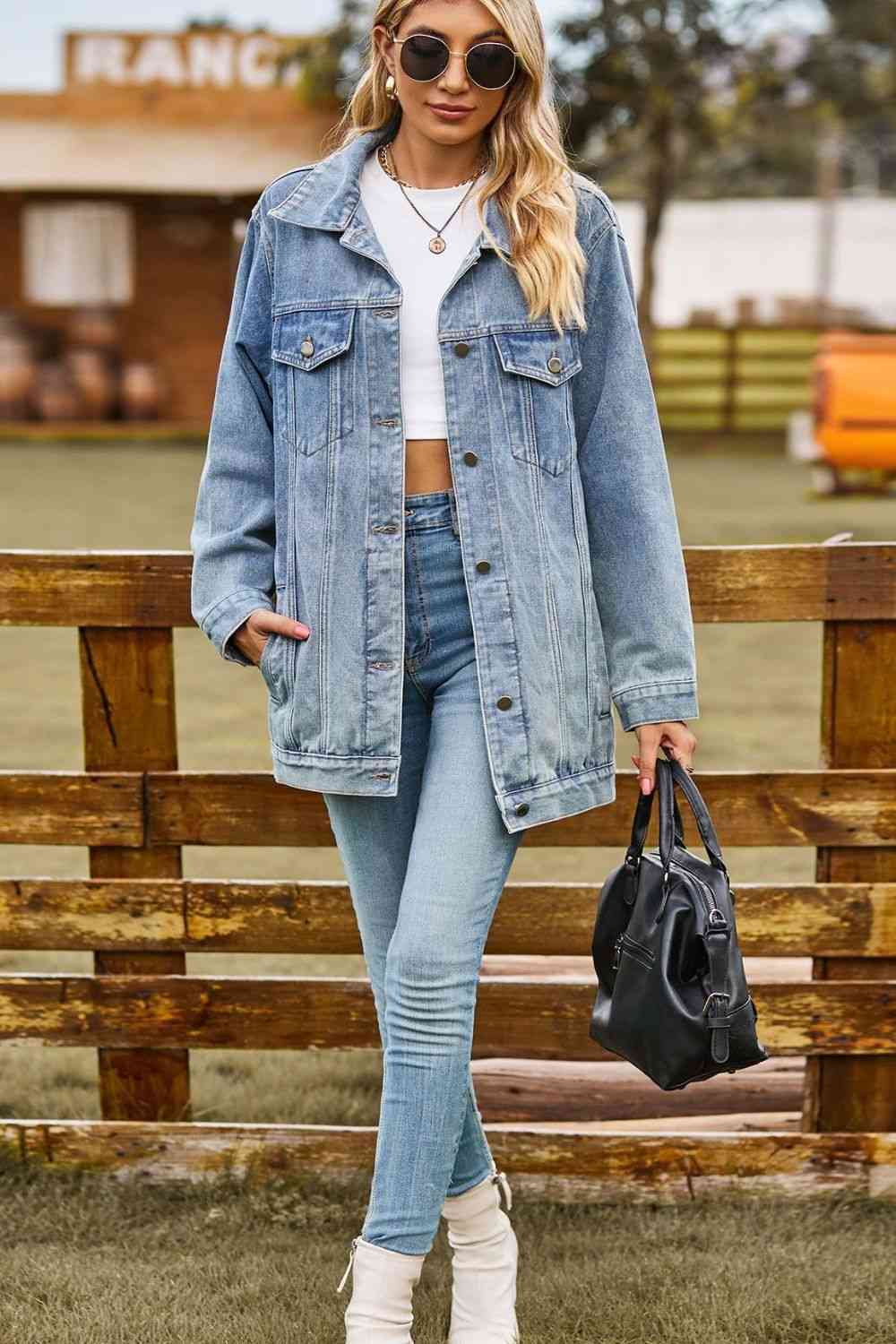 Melissa Buttoned Collared Neck Denim Jacket with Pockets