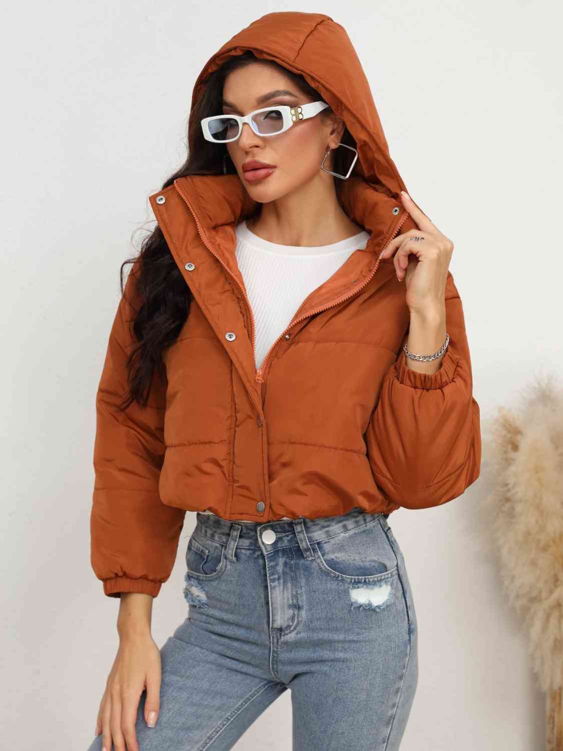 Nerea Snap and Zip Closure Hooded Puffer Jacket