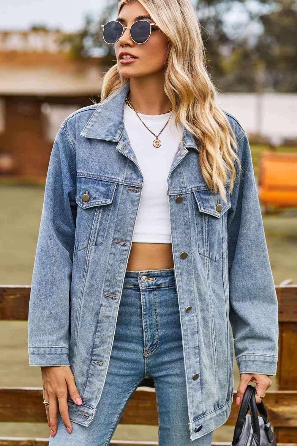 Melissa Buttoned Collared Neck Denim Jacket with Pockets