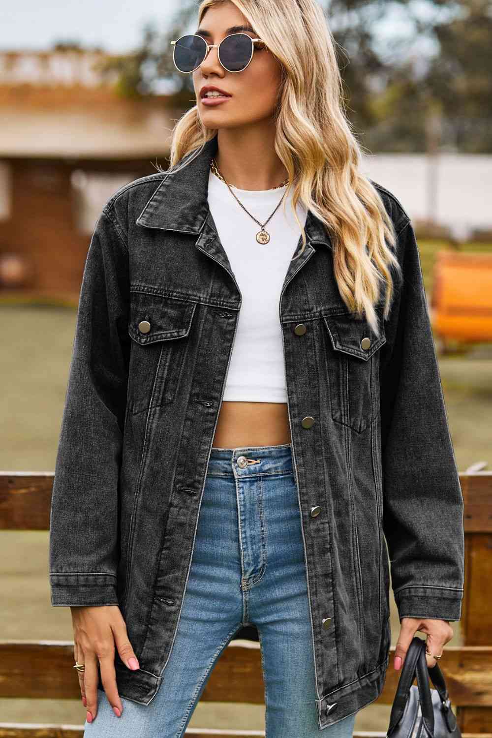 Melissa Buttoned Collared Neck Denim Jacket with Pockets