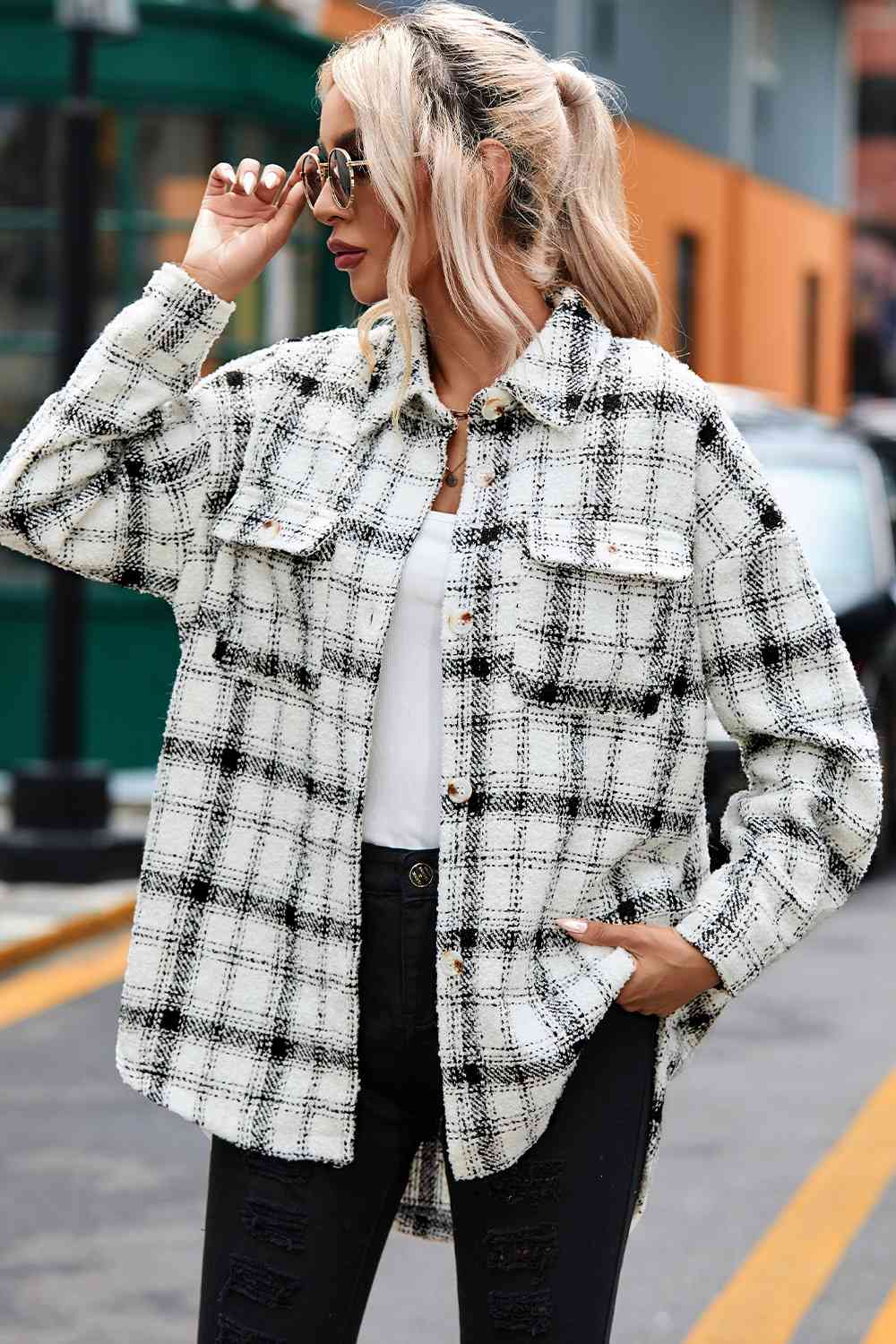 Marlene Plaid Dropped Shoulder Collared Jacket