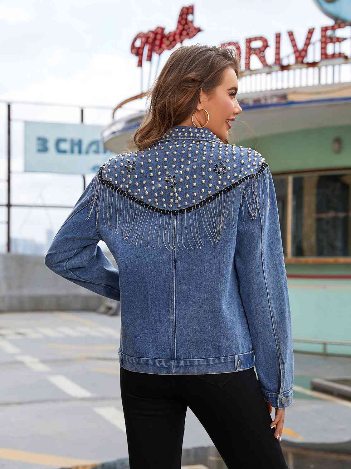 Amanda Studded Fringe Button Down Denim Jacket